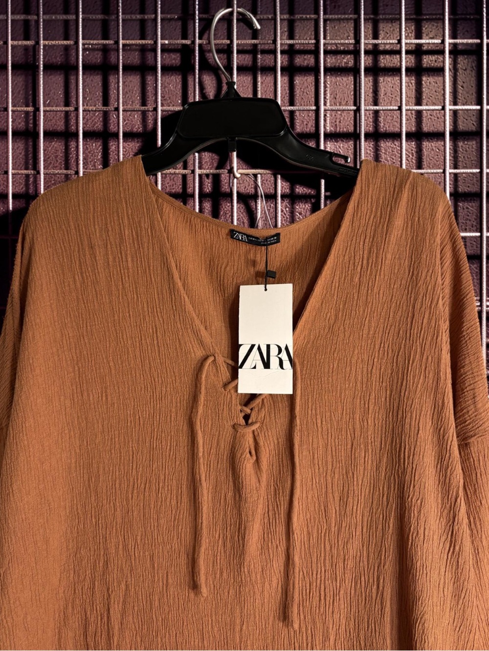 ZARA Rust Orange Long Sleeve Midi flowy Dress w/Lace Up Detail